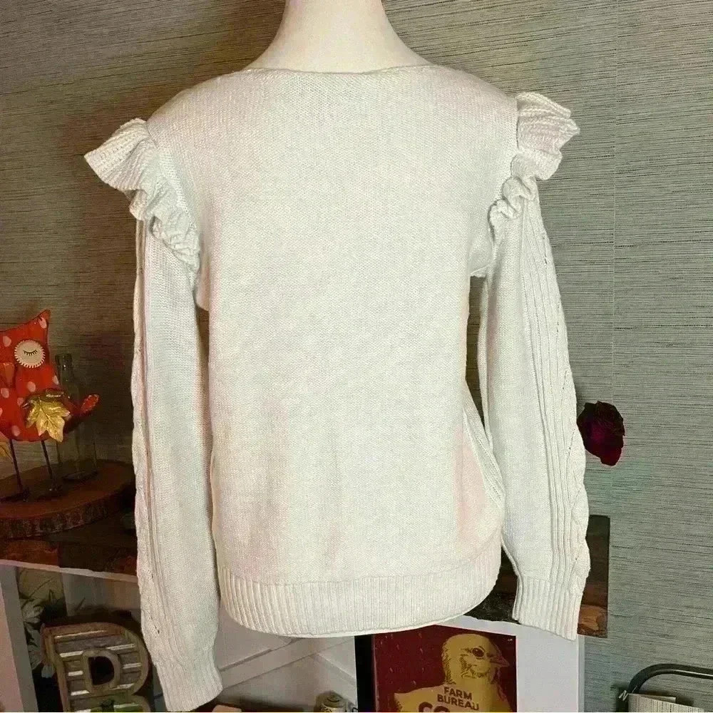Ann Taylor Loft White Knit Sweater Ruffle Sleeve Cable Knit Women’s Size Medium - Picture 12 of 12